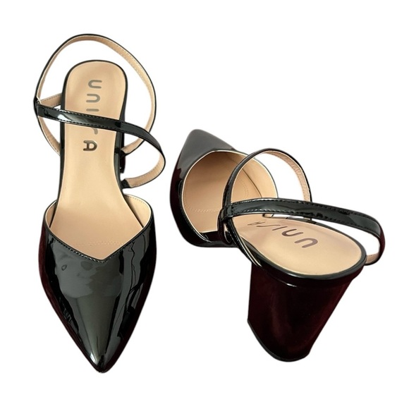 Block Heel Black Patent Leather Shoes with Elastic Strap Pointy Toe Size 9.5 - Picture 1 of 6